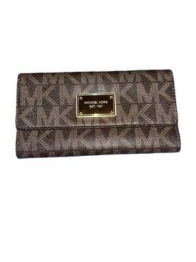 Michael Kors Jet Set Large Trifold MK Logo Checkbook Wallet Brown